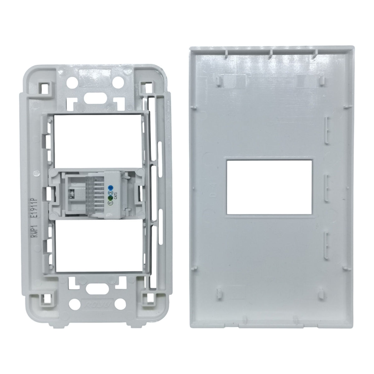 A white plastic modular network jack or wall outlet backplate component shown in two views: a front view with internal RJ45 connector area and a rear view showing the backplate insert, on a plain white background.