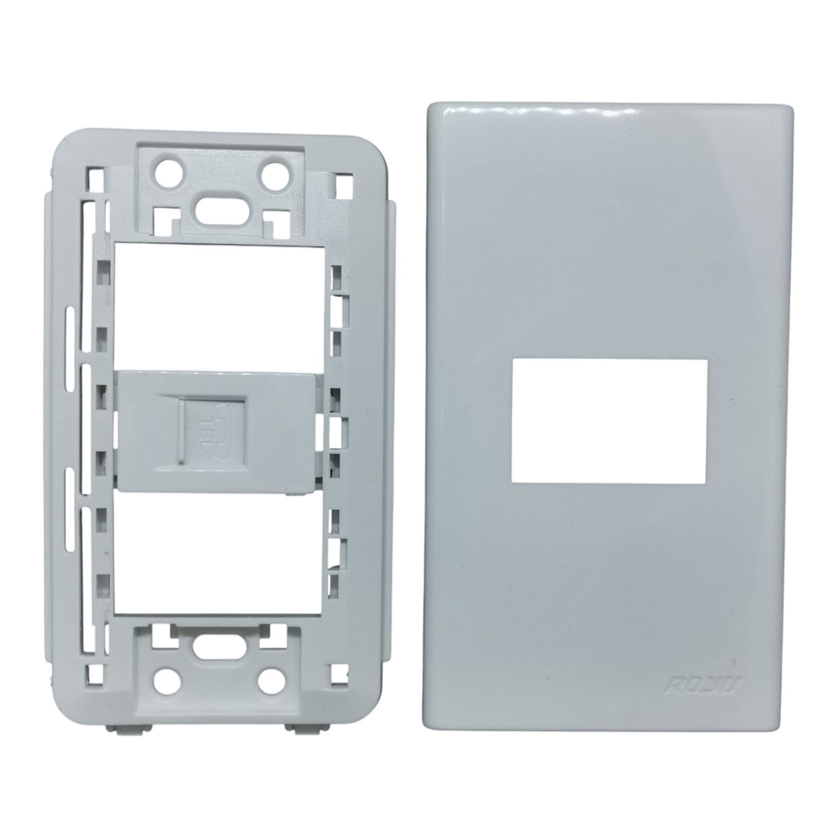 A light gray plastic double-gang switch panel with its matching faceplate, shown against a plain white background.
