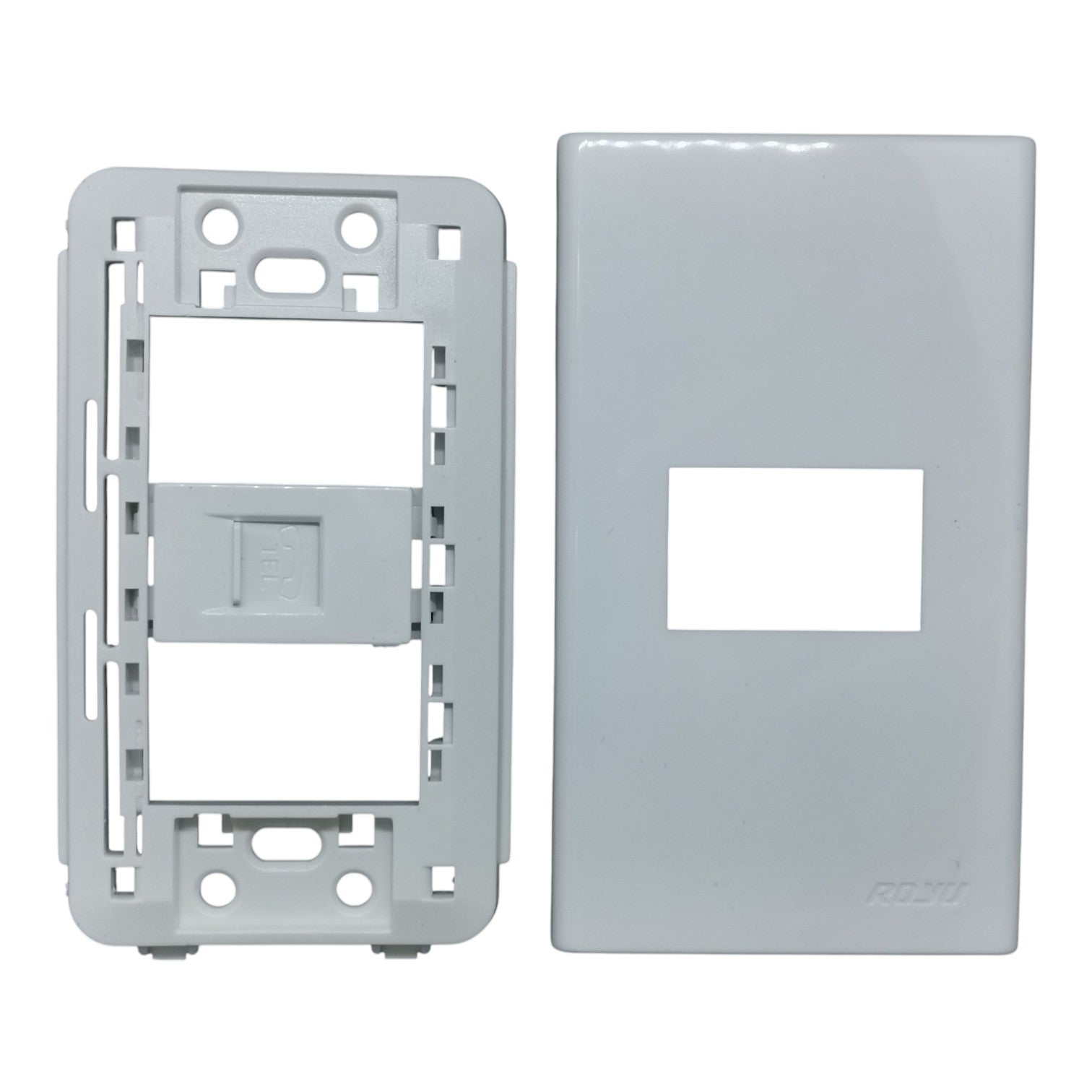 A light gray plastic double-gang switch panel with its matching faceplate, shown against a plain white background.