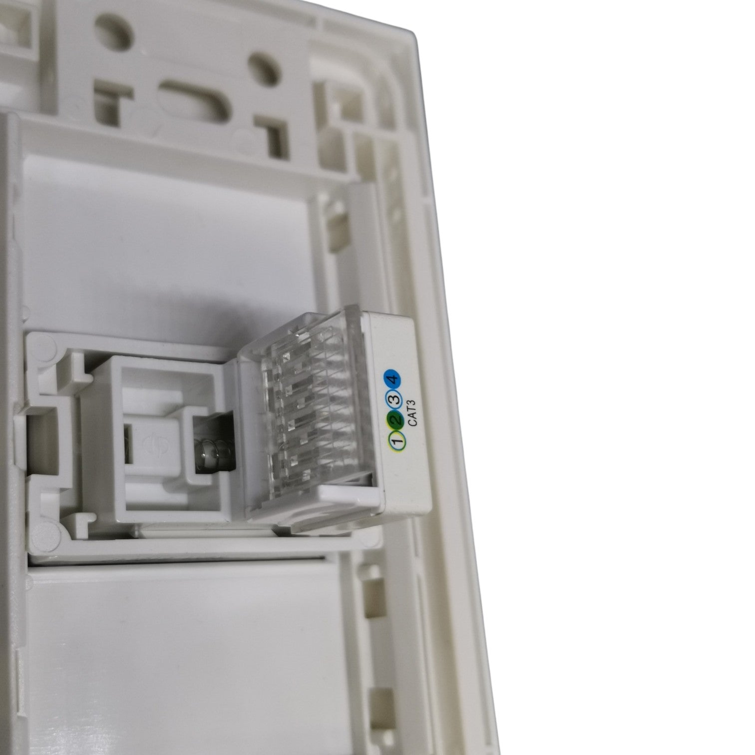 Close-up of a white RJ45 network module with an integrated status LED indicator showing blue, green, and white lights.