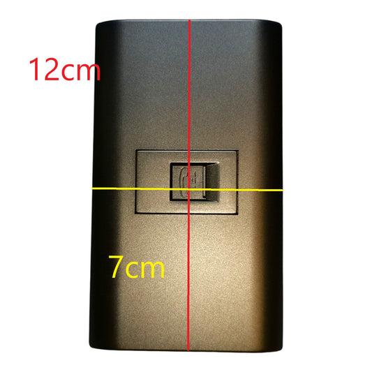 A rectangular metallic device shown on a white background with red and yellow measurement lines and text indicating dimensions 12cm and 7cm.
