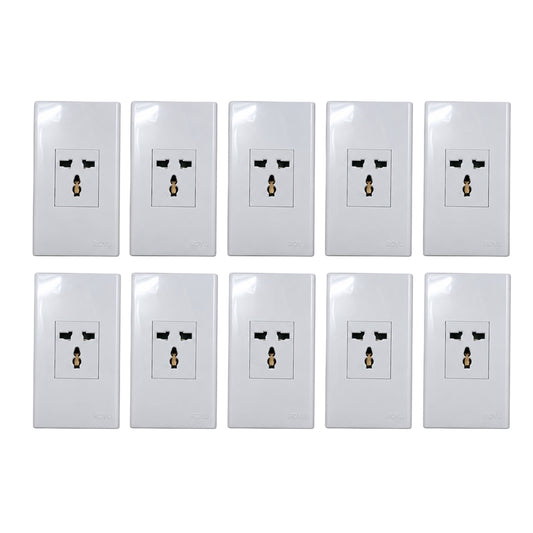 Eight white double outlet electrical wall sockets arranged in two rows of four on a plain white background.