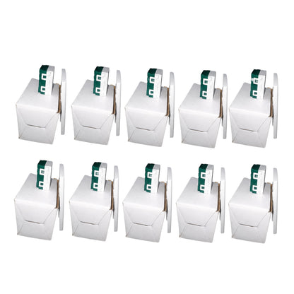 Ten white paper food packaging boxes arranged in two rows of five on a plain white background. Each box has a small green and white flap detail visible at the top.