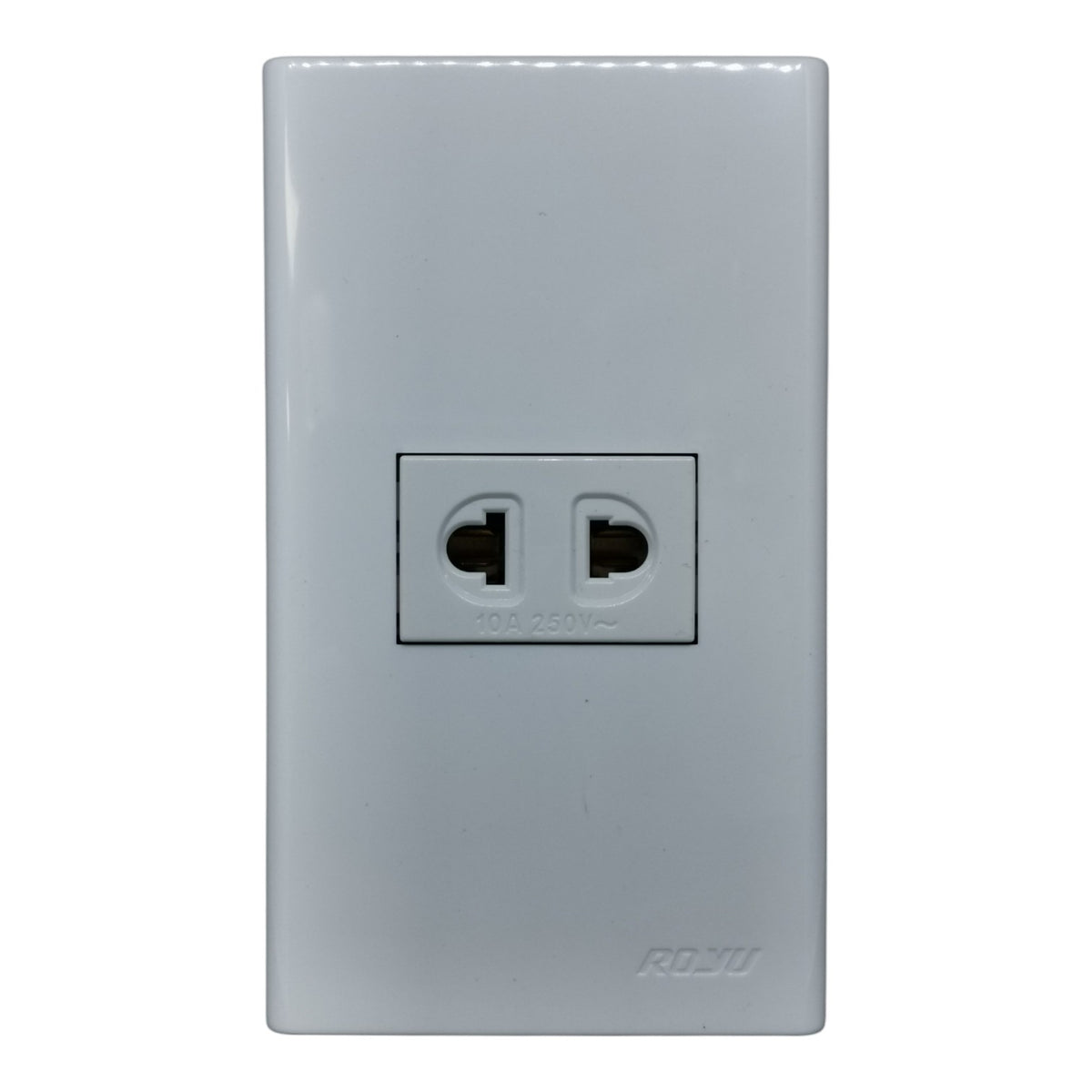 A white two-hole electrical outlet faceplate with a recessed center socket, shown against a plain white background. The brand name ROJO is subtly embossed near the bottom right.