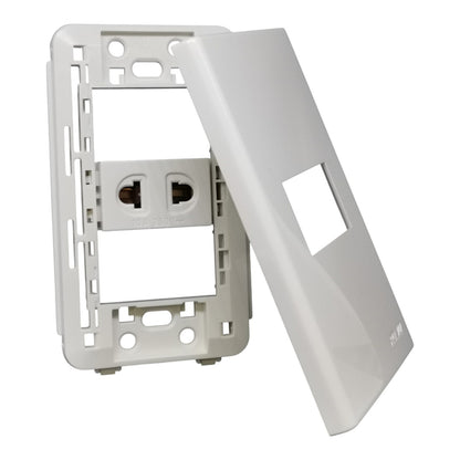 White plastic outlet cover plate and backplate assembly for a two-hole electrical socket, shown on a clean white background.
