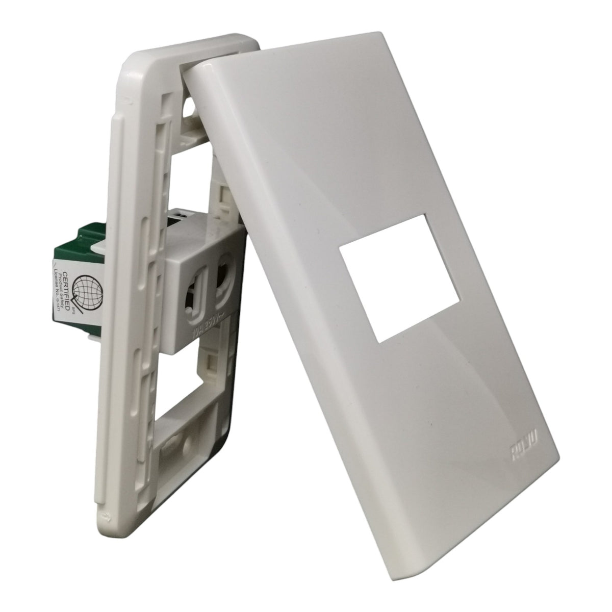 White plastic electrical outlet cover plate and backplate assembly, shown on a clean white background.