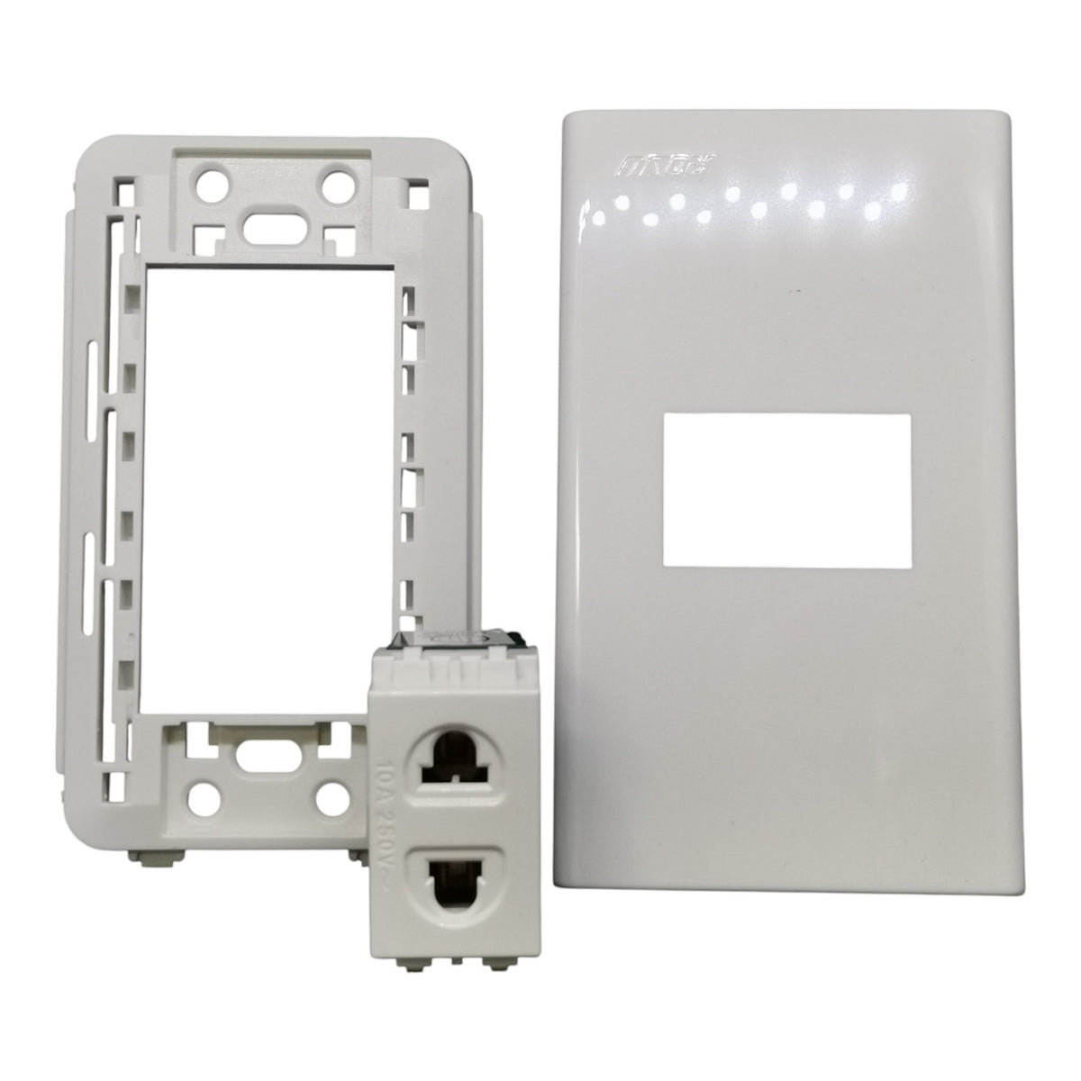 White plastic electrical outlet kit components on a white background, including a mounting frame, a faceplate, and a small connector module.