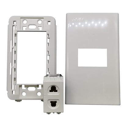 White plastic electrical outlet kit components on a white background, including a mounting frame, a faceplate, and a small connector module.