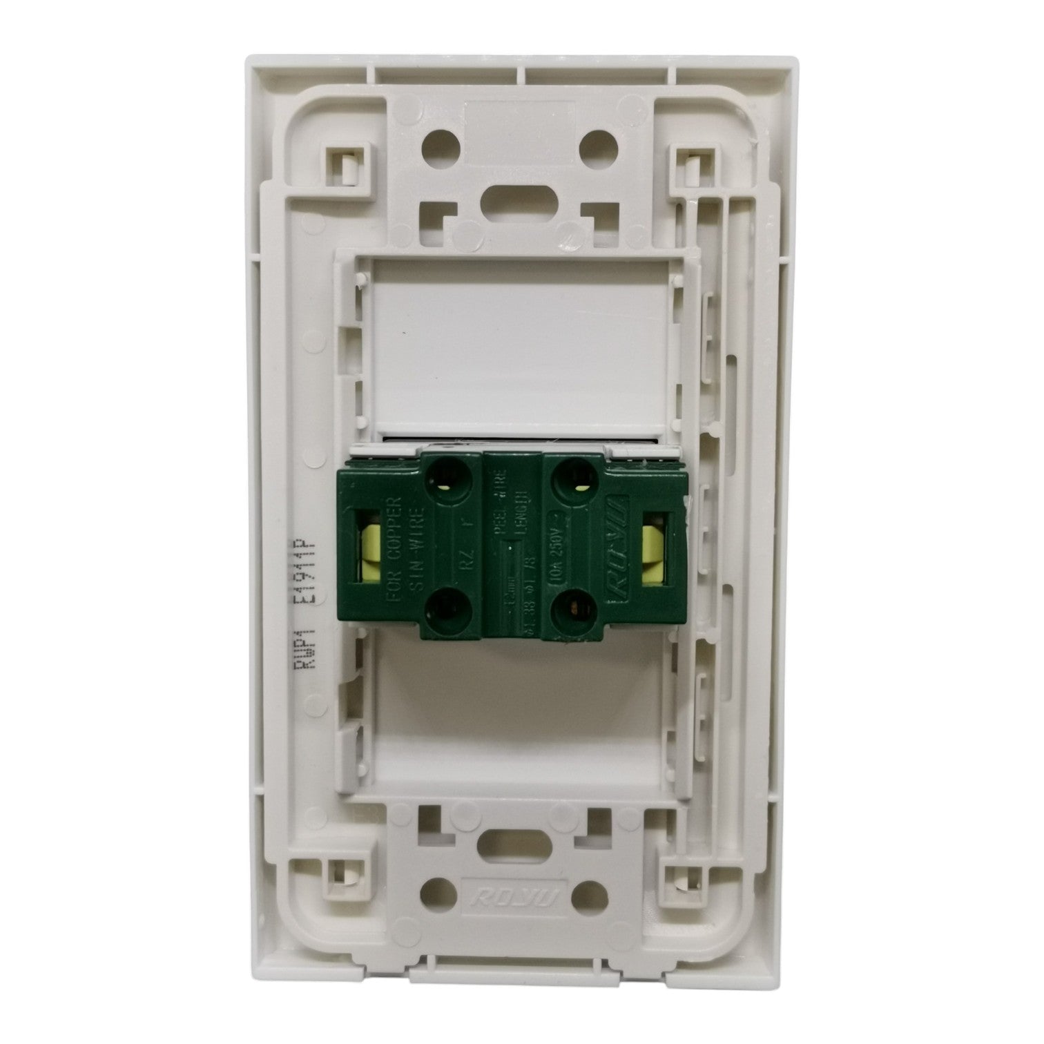 A white plastic modular electrical switchback plate with a green terminal block connector mounted in the center, shown against a plain white background.