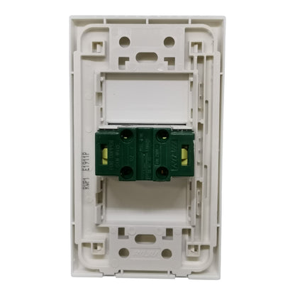 A white plastic modular electrical switchback plate with a green terminal block connector mounted in the center, shown against a plain white background.