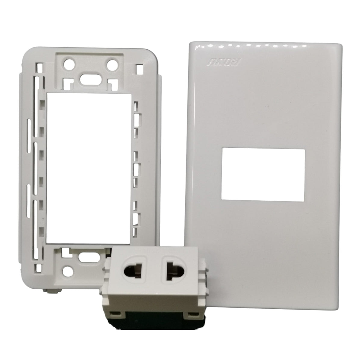White electrical wall plate kit including a mounting frame, a blank faceplate cover, and a two-pin socket module, shown on a plain white background.