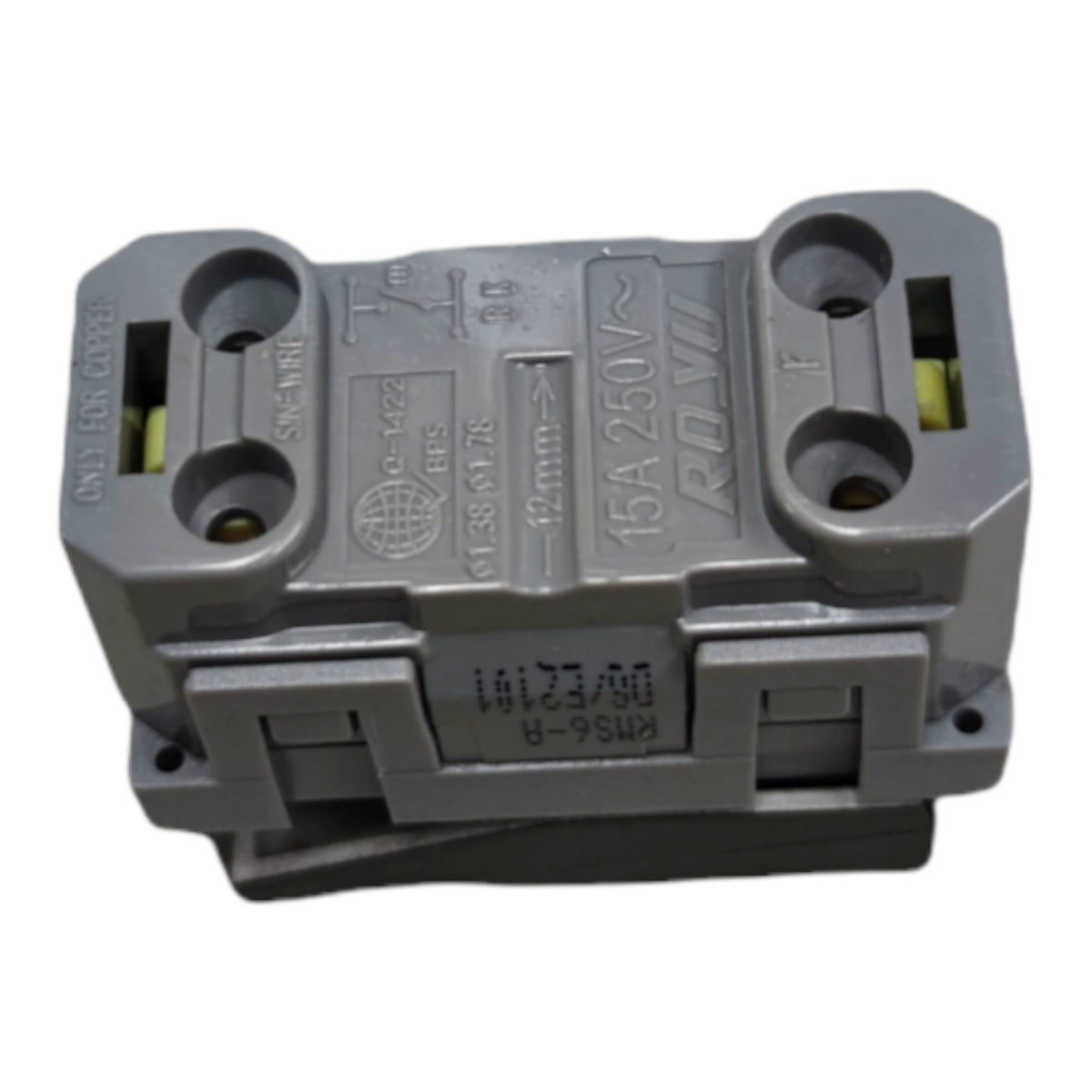 A gray plastic electrical connector component with molded technical specifications and markings, shown on a plain white background.