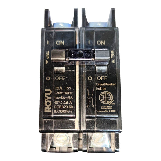 A two-pole circuit breaker with a black plastic housing, featuring gold-colored text and labels, shown against a plain white background.