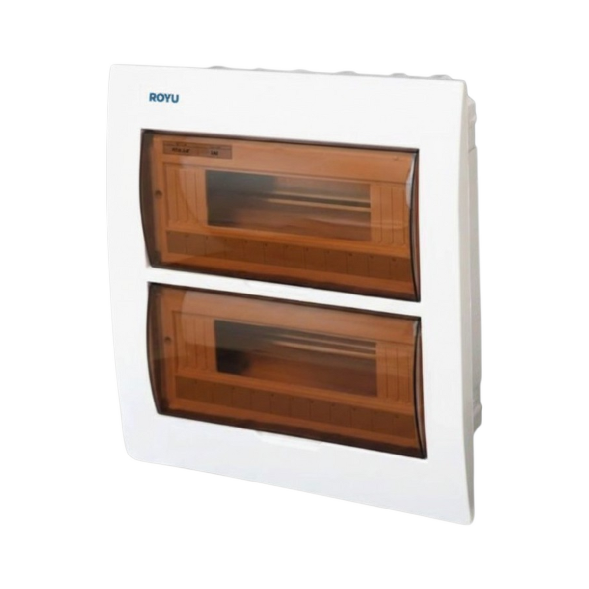 A white ROYU wall-mounted double-door electrical panel with amber-brown translucent glass doors, shown on a plain white background.