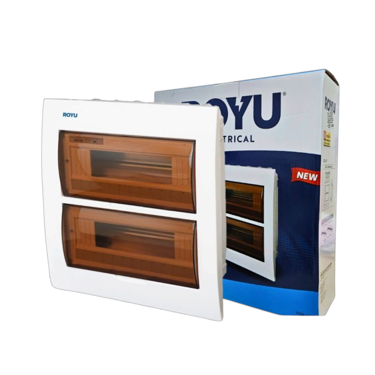 A white ROYu wall-mounted electrical heater with two amber-brown glass panels, shown in front of its blue and white retail box on a plain white background.