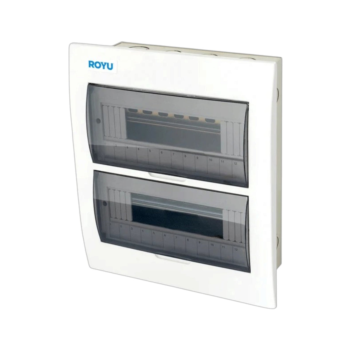 A white ROYU double socket electrical distribution board with two transparent upper doors showing internal sockets, set against a plain white background.