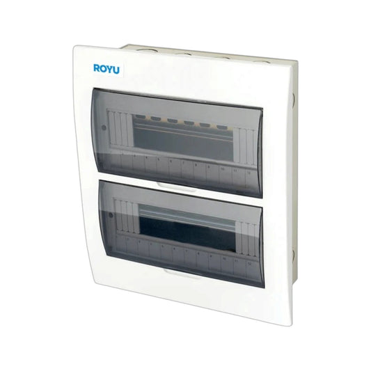 A white ROYU double socket electrical distribution board with two transparent upper doors showing internal sockets, set against a plain white background.