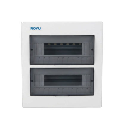 A white Royu double electrical distribution board cover with two dark gray translucent front doors, shown on a plain white background.