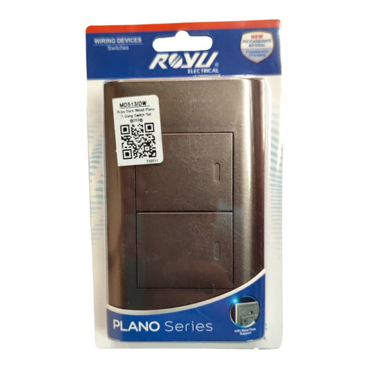 A two-toggle wall switch in a dark brown finish, packaged in its original retail blister pack by ROYU Electrical. The packaging features a blue and red header with the brand logo and product details.