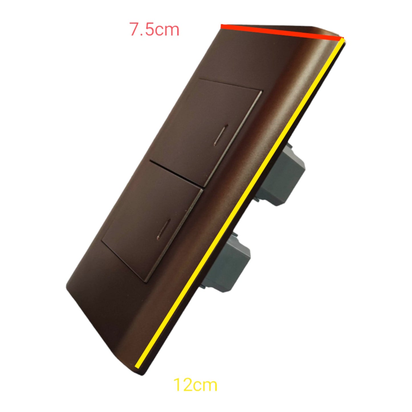 A dark brown double-toggle wall switch panel shown at an angle on a white background, with red and yellow dimension lines and text indicating 7.5cm width and 12cm depth.