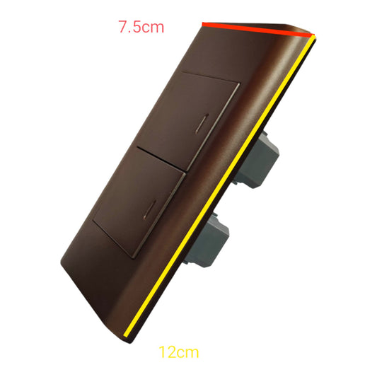 A dark brown double-toggle wall switch panel shown at an angle on a white background, with red and yellow dimension lines and text indicating 7.5cm width and 12cm depth.