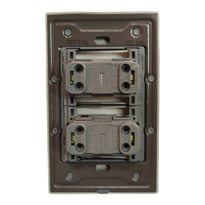 A dual GFCI outlet cover plate assembly in a dark brown finish, showing the exposed gray electrical sockets and internal components against a white background.