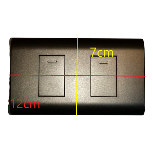 A dark metallic double light switch plate shown on a white background with red and yellow measurement lines and text indicating dimensions of 12cm and 7cm.