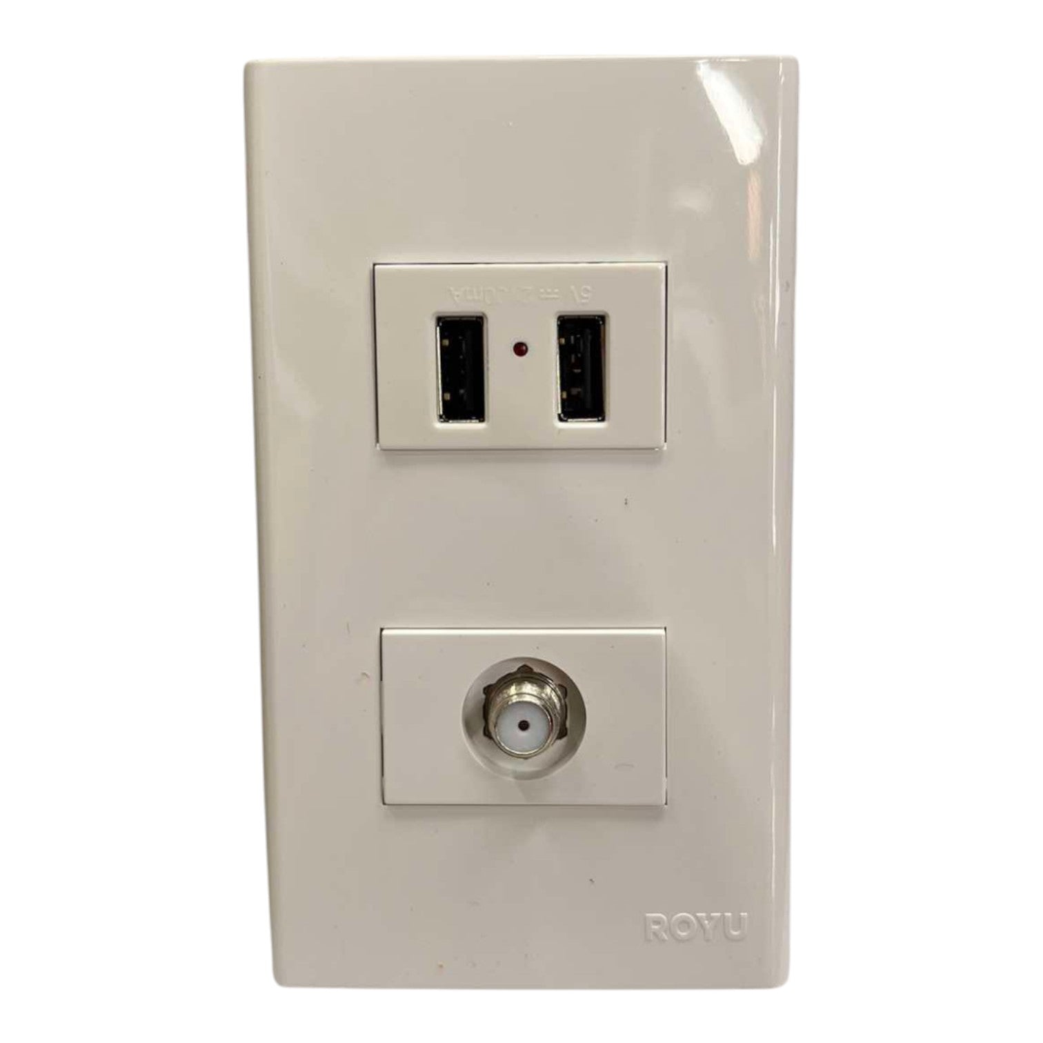A white ROYu double outlet wall plate featuring a standard US AC outlet on top and a coaxial cable RF connector on the bottom, shown against a plain white background.