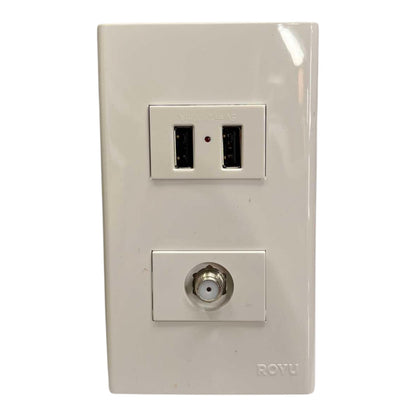A white ROYu double outlet wall plate featuring a standard US AC outlet on top and a coaxial cable RF connector on the bottom, shown against a plain white background.
