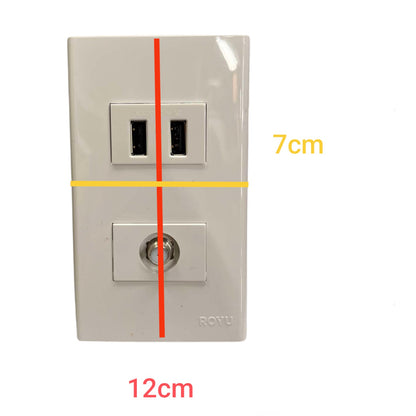 A white wall outlet cover plate shown on a white background with red and yellow measurement lines and text indicating dimensions: 7cm width and 12cm height. The plate has two black rectangular outlets at the top and a smaller round switch or port at the bottom.