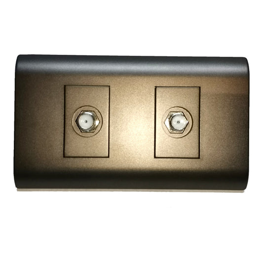 A rectangular wall plate with a brushed metallic bronze finish, featuring two recessed circular sockets with visible hexagonal contacts, shown against a plain white background.