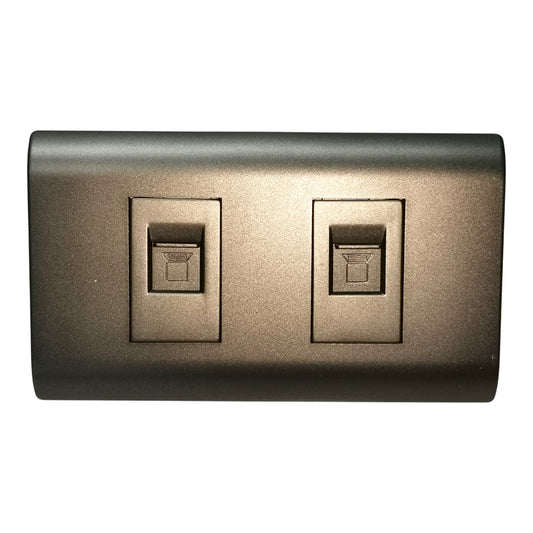 A dual RJ45 network jack wall plate in a textured bronze finish, featuring two rectangular ports set into a matching metal faceplate, shown against a plain white background.