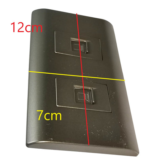 A dark gray rectangular electronic component with two square recessed areas, overlaid with red and yellow measurement lines and text indicating 12cm and 7cm dimensions on a white background.