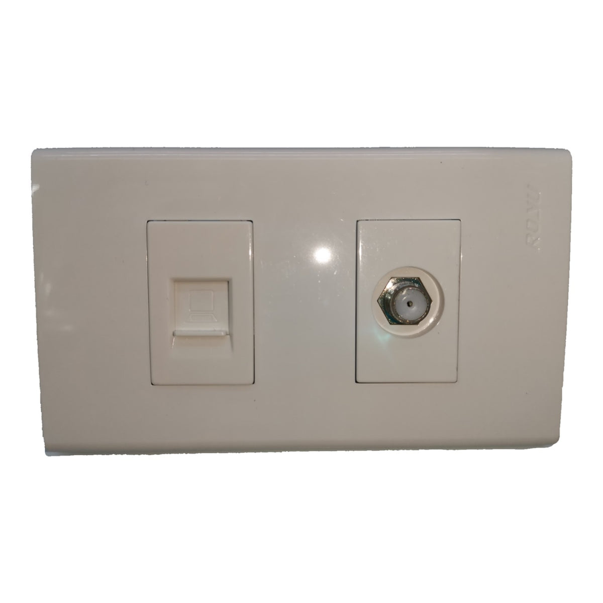 A beige wall-mounted dual-port network jack plate featuring a RJ45 port on the left and a coaxial TV/SAT-V port on the right, set against a plain white background.