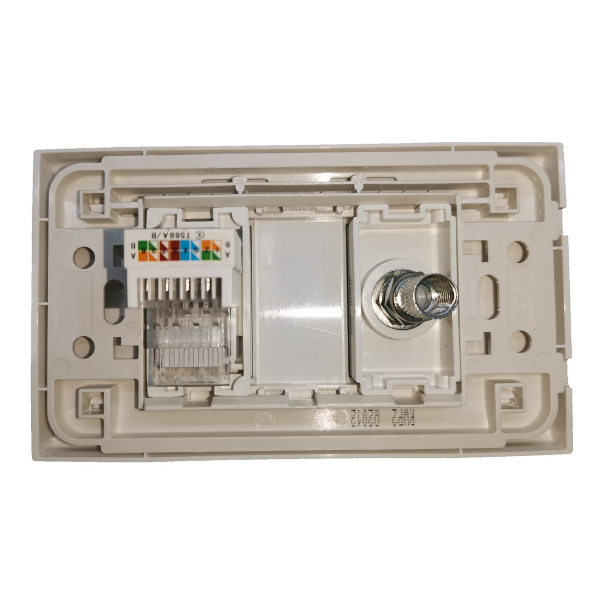 An RJ45 network module with a 10/100 Mbps Ethernet port, shown from the back with its beige plastic housing and internal components visible against a white background.