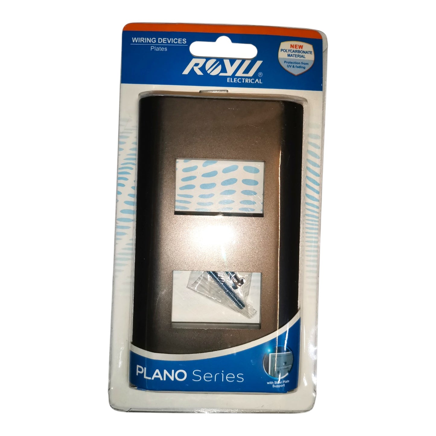 A packaged ROWU Electrical Piano Series wall switch module with a dark gray rectangular module inside a clear plastic blister pack with a blue and white header card.