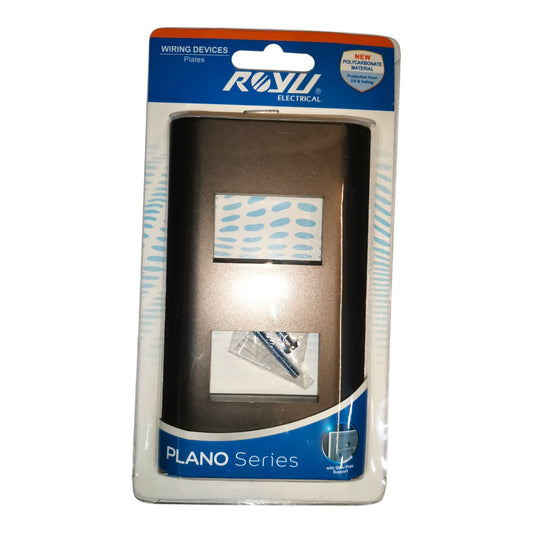 A packaged ROWU Electrical Piano Series wall switch module with a dark gray rectangular module inside a clear plastic blister pack with a blue and white header card.