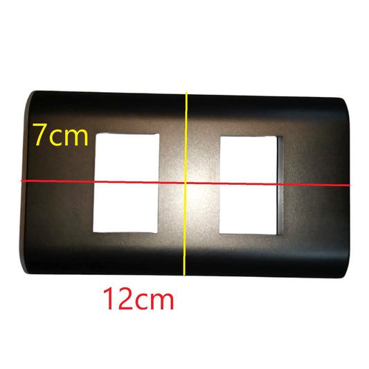 Black double-gang switch plate cover with dimension markings showing 12cm width and 7cm height on a white background.