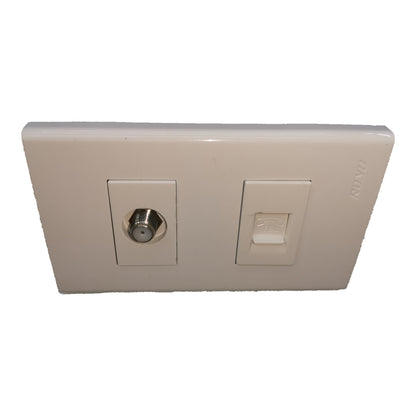 A white plastic wall switch plate featuring a single S-Video input socket on the left and a standard rocker switch on the right, with the brand name 'TAYN' embossed on the upper right.