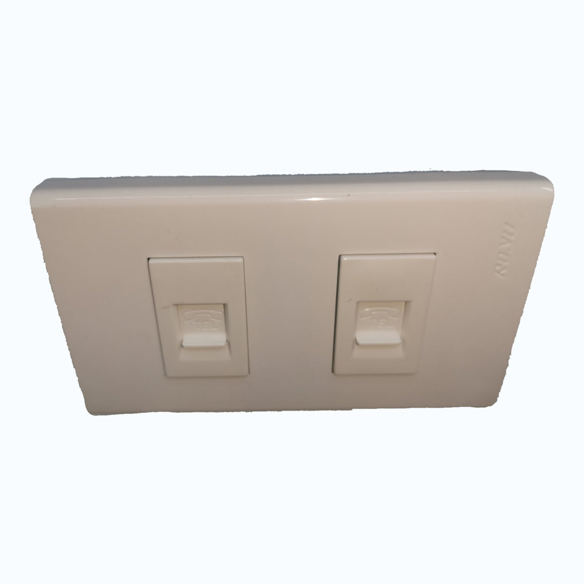 A dual RJ45 network wall switch plate in a warm off-white plastic finish, featuring two rectangular port covers on a plain white background.