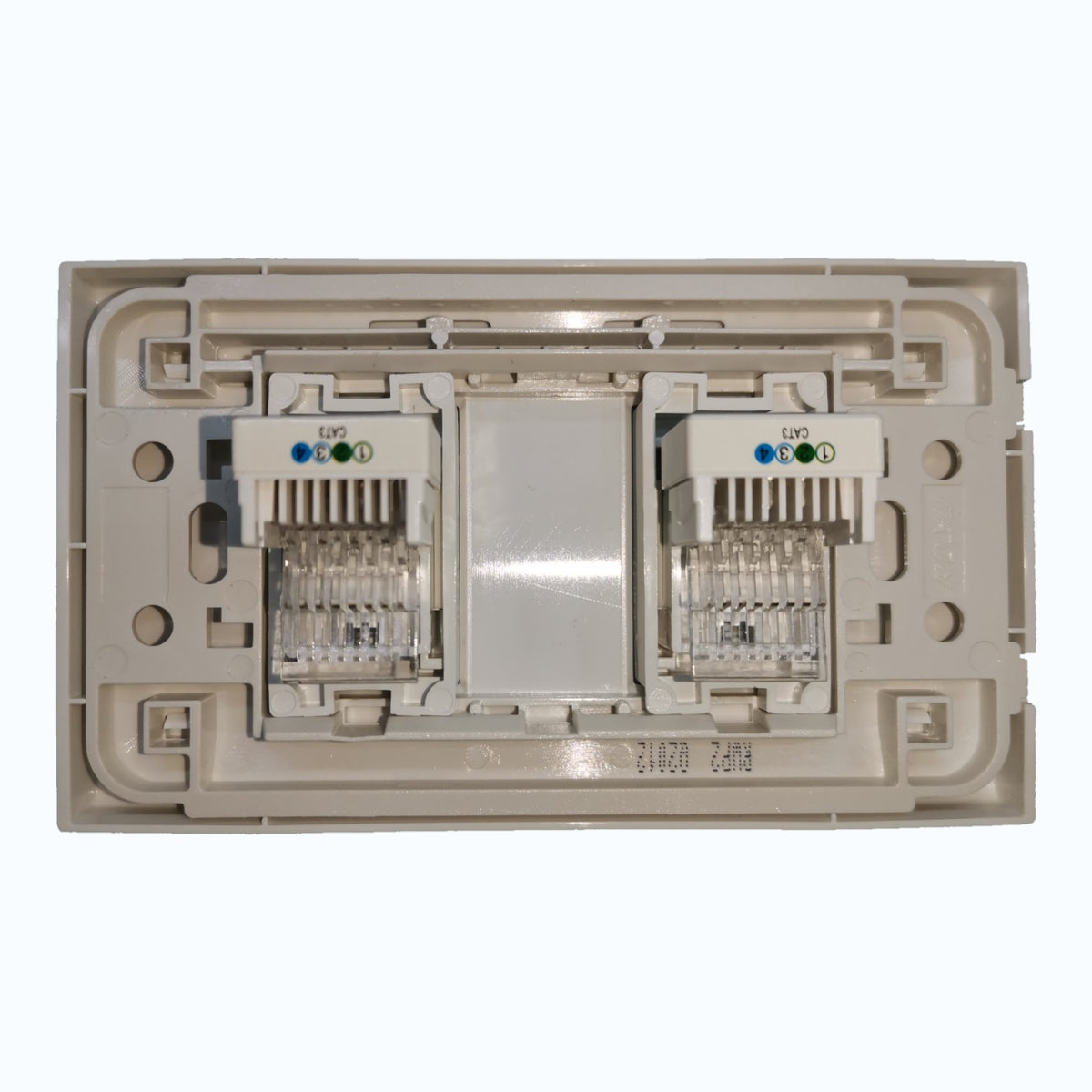 A dual RJ45 network patch panel module with two 8-port LAN ports, featuring LED status indicators and clear fiber optic connectors, set against a plain white background.