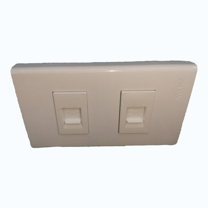 A dual RJ45 network wall switch plate in a warm off-white plastic finish, featuring two rectangular port covers on a plain white background.