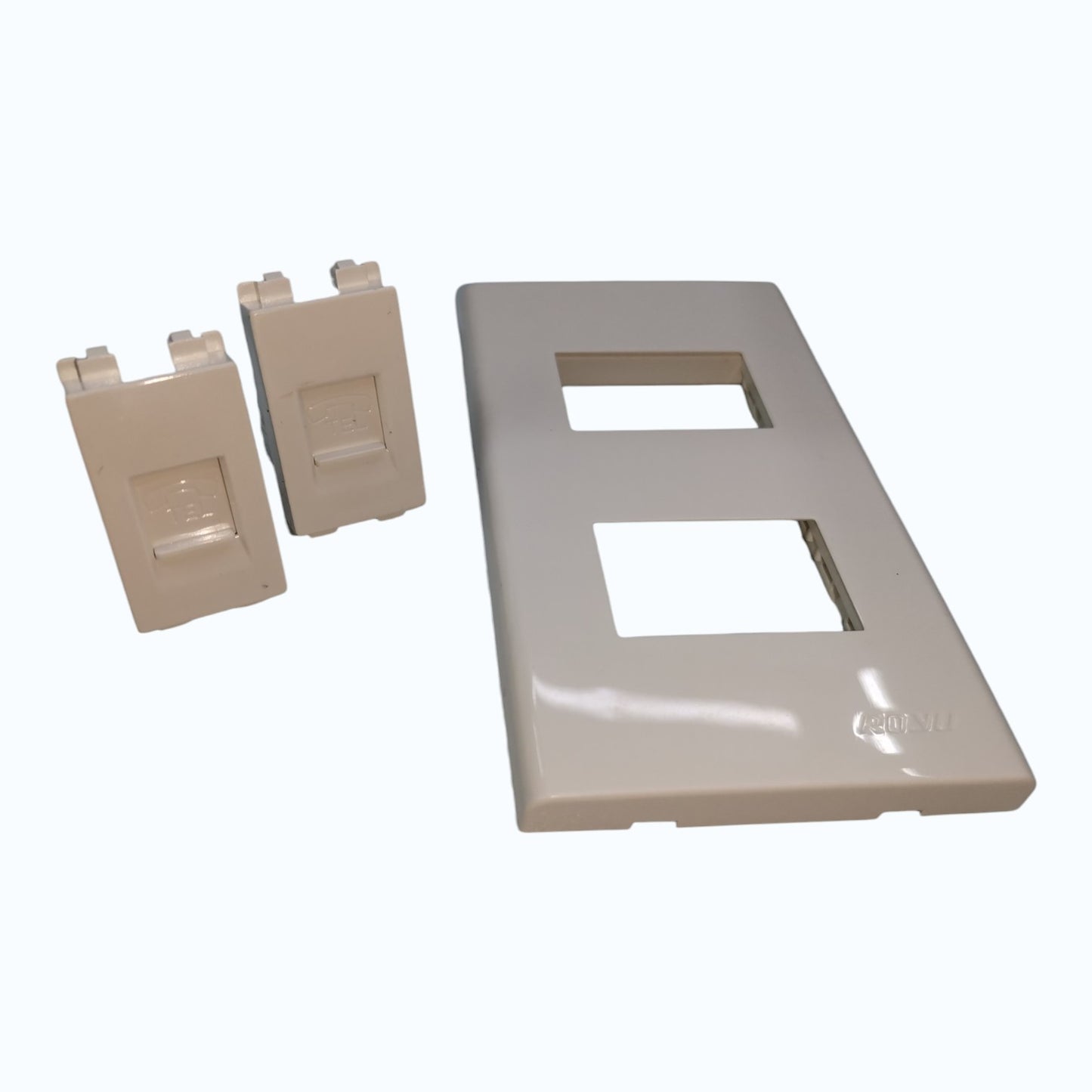 A beige plastic dual RJ45 network jack cover plate with two mounting sockets, shown alongside two individual RJ45 connectors on a plain white background.