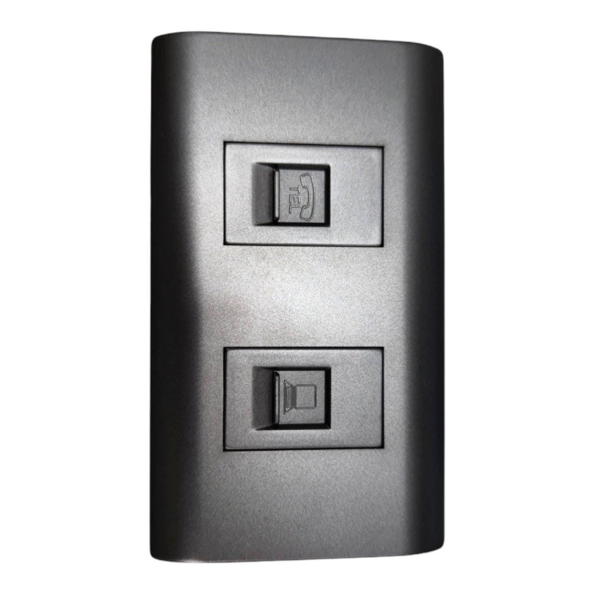 A dark gray dual RJ45 network interface panel, featuring two rectangular ports with recessed labels, set against a plain white background.