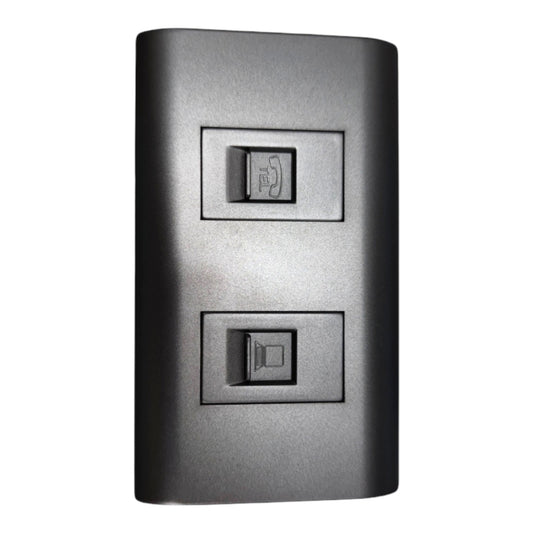 A dark gray dual RJ45 network interface panel, featuring two rectangular ports with recessed labels, set against a plain white background.