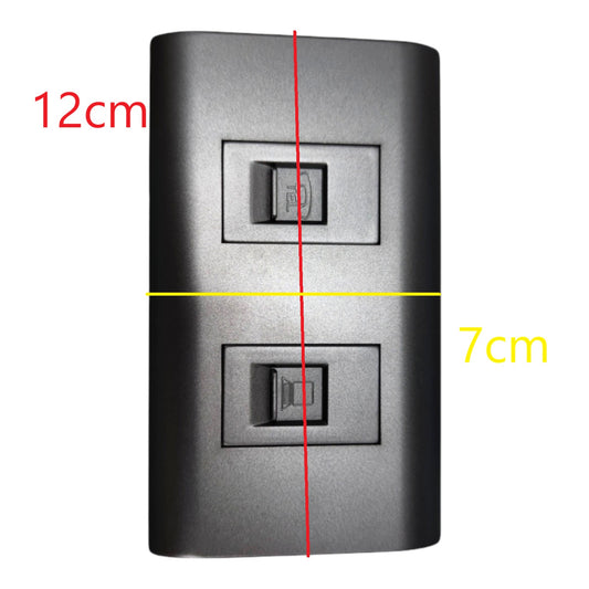 A dual GFCI outlet cover plate shown on a white background with red and yellow dimension lines indicating 12cm height and 7cm width.