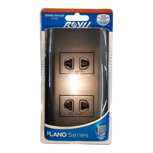 A two-outlet wall outlet cover plate in a brushed bronze finish, packaged in its original retail blister pack with a blue and white RUVI brand label.