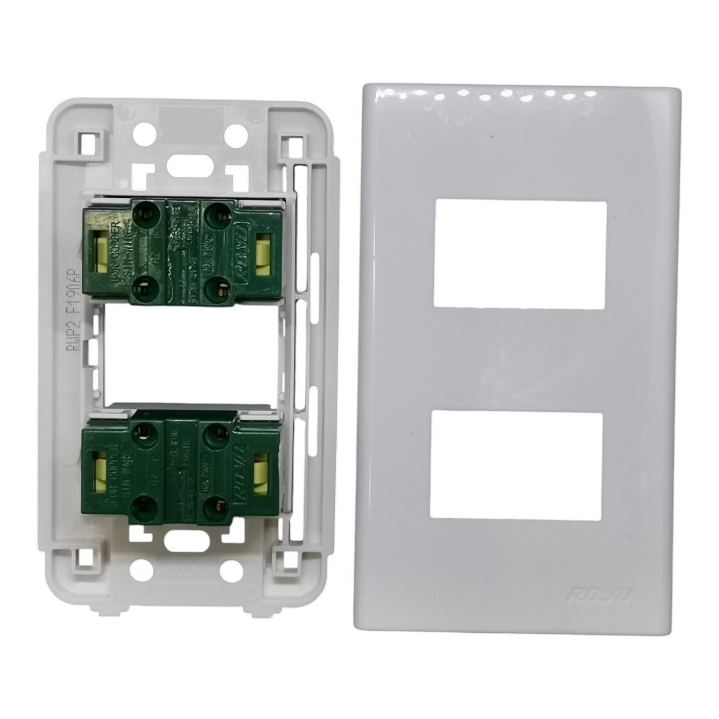 A two-gang double switch outlet wall plate kit showing the white plastic backplate on the right and the white mounting frame with two green terminal blocks on the left, set against a plain white background.