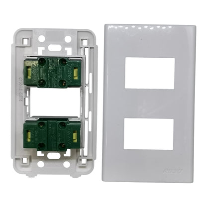 A two-gang double switch outlet wall plate kit showing the white plastic backplate on the right and the white mounting frame with two green terminal blocks on the left, set against a plain white background.