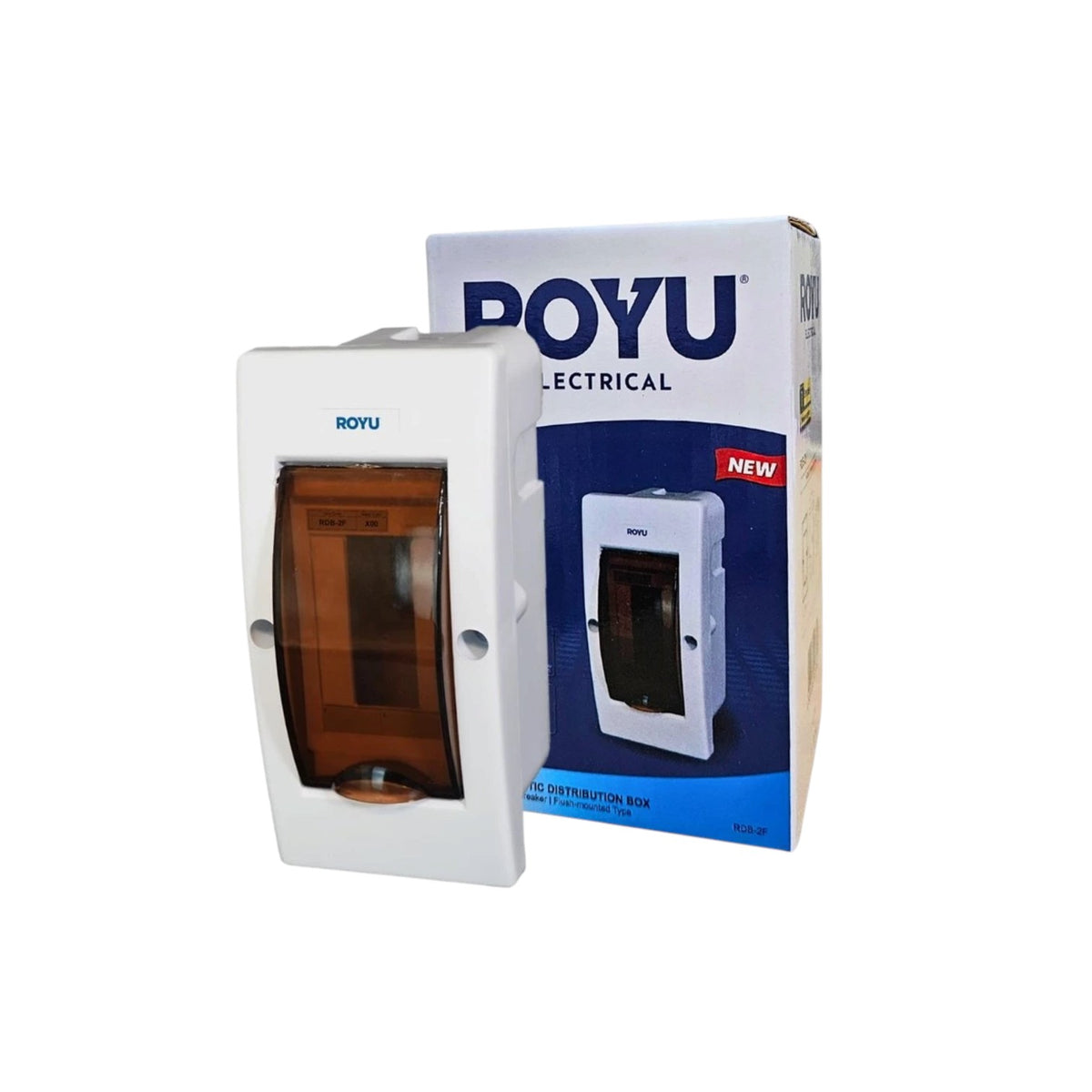 A white ROYu electrical distribution box with an amber-colored front window, shown next to its blue and white retail packaging box on a plain white background.